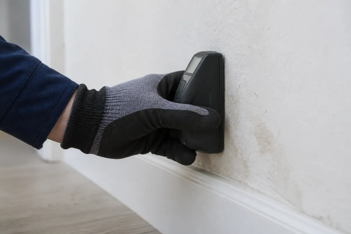 AI-illustratie van een gehandschoende hand die een vochtmeter tegen een muur boven de plint houdt